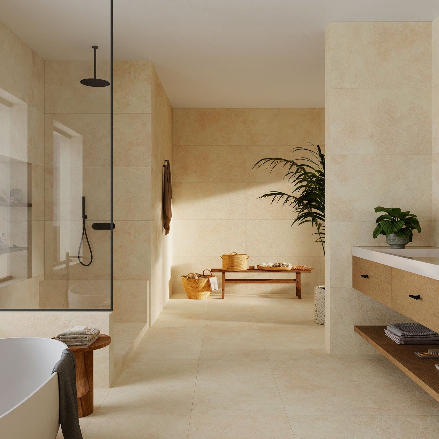 Modern bathroom with beige tiles, a freestanding bathtub, and wooden vanity.