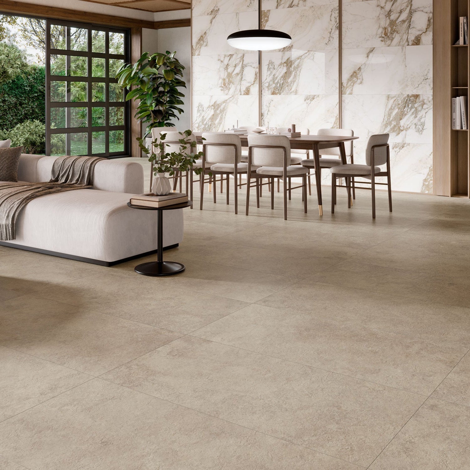 Modern living room with tiled floor, sofa, and dining area.