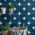 Navy blue wall with white star pattern, wicker basket, and plants.