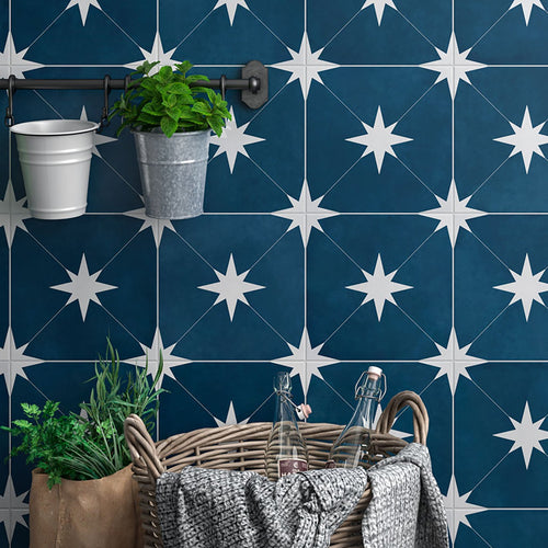 Navy blue wall with white star pattern, wicker basket, and plants.