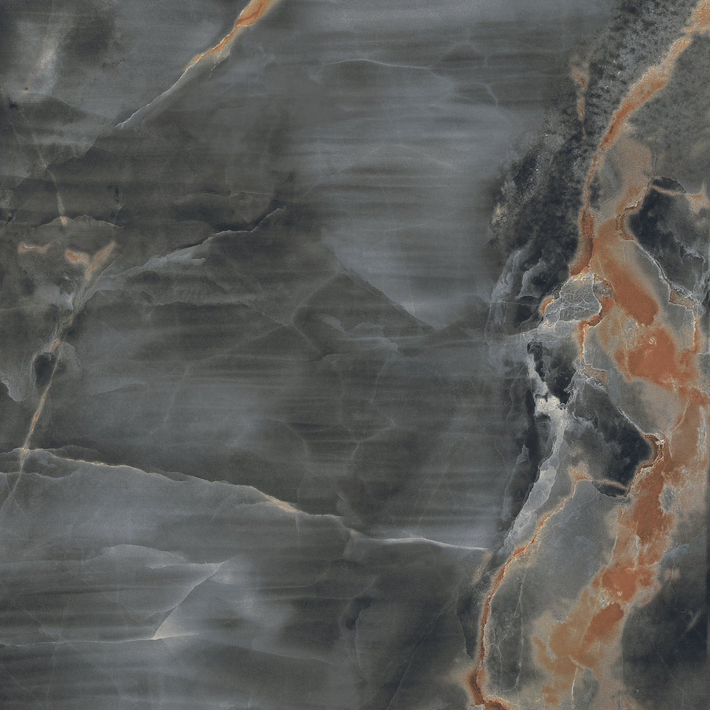 Marble-like texture with gray, brown, and orange colors