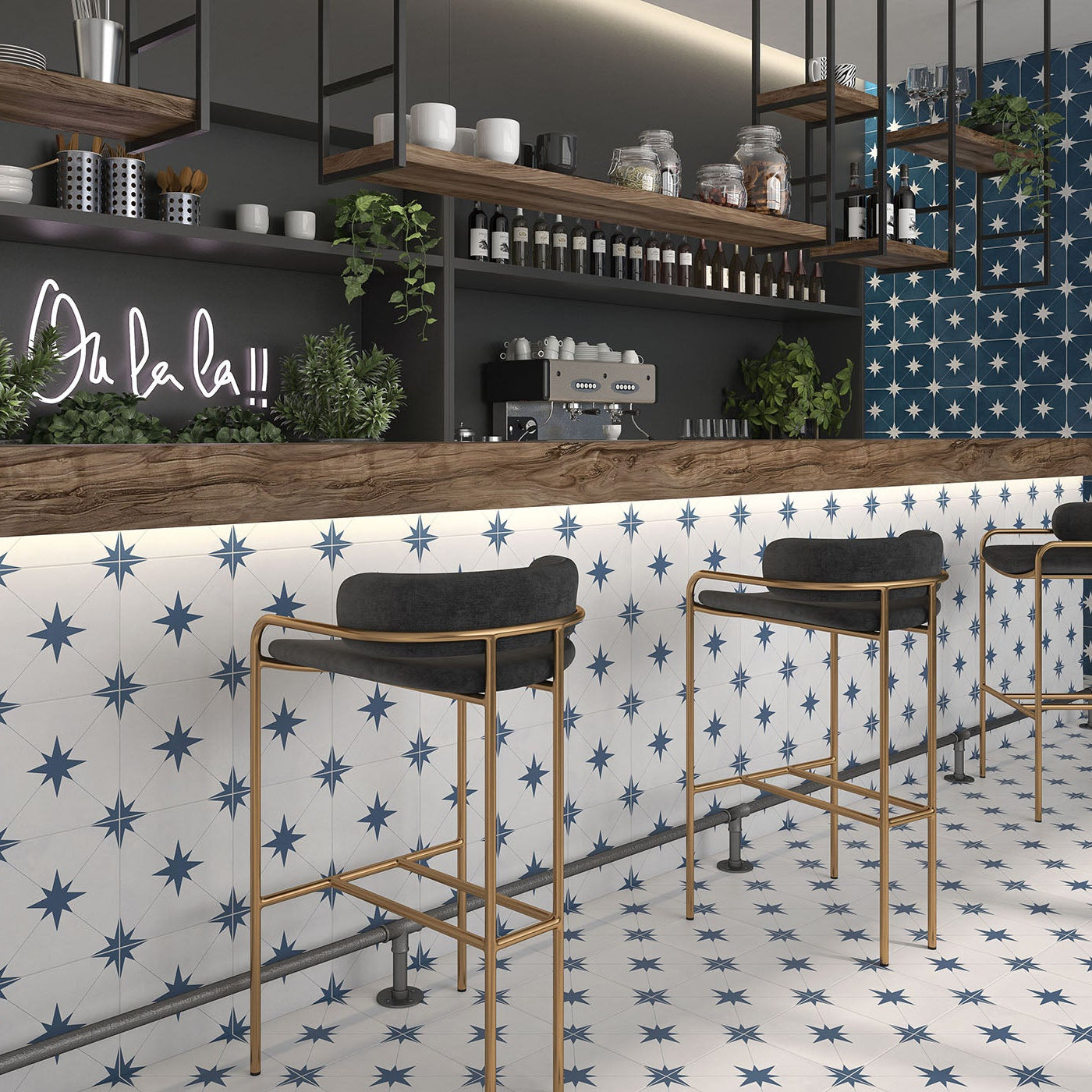Modern bar with wooden counter, stools, and decorative wall with star pattern.