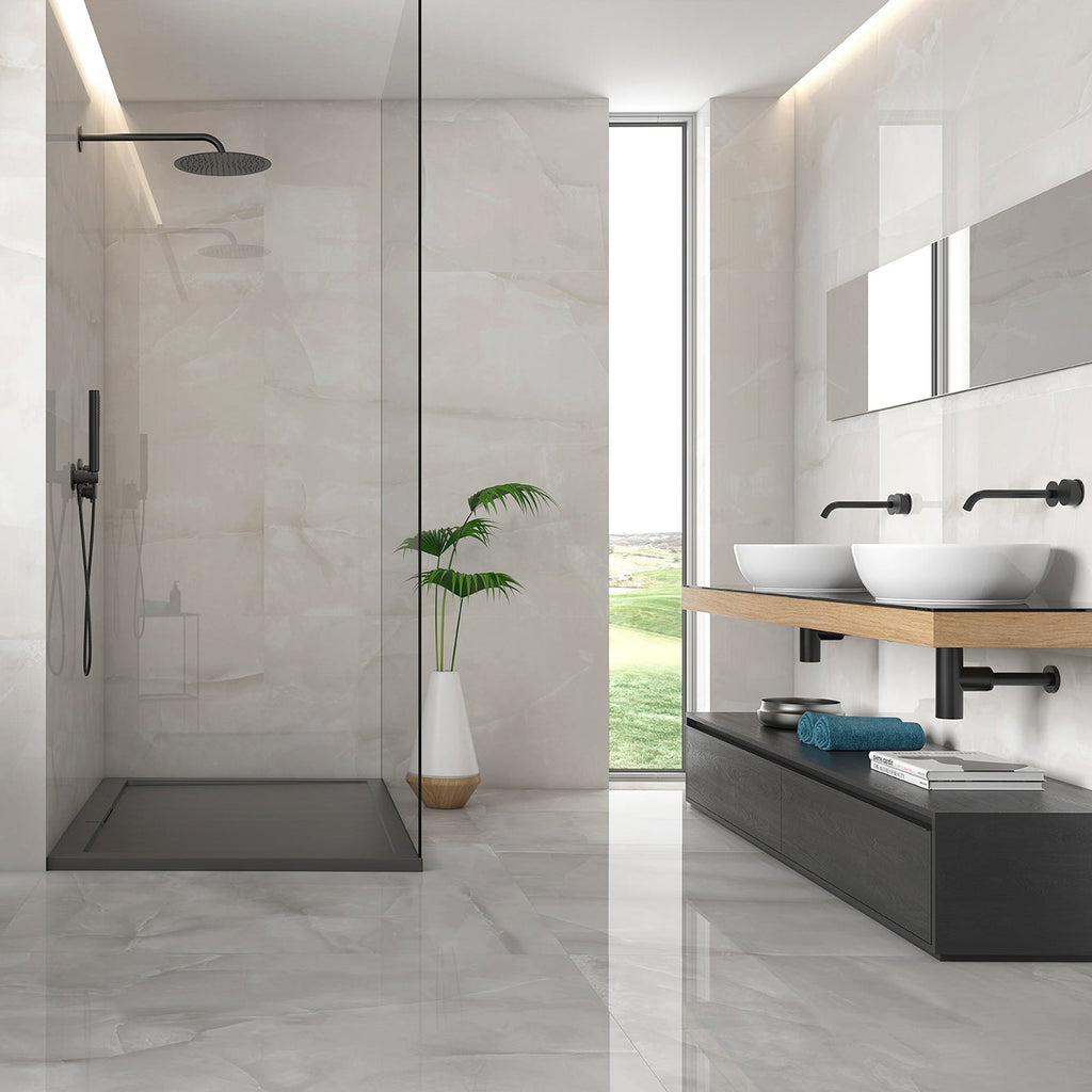 Modern bathroom with shower, sink, and bathtub