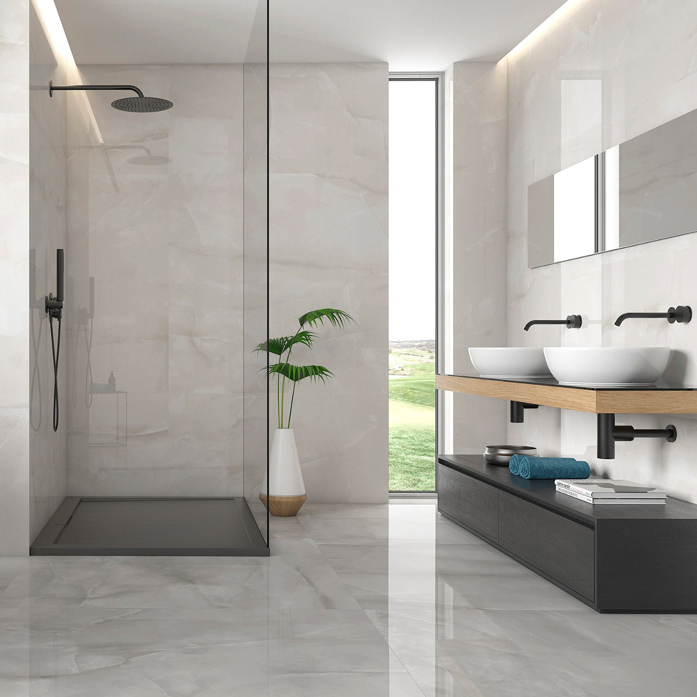 Modern bathroom with shower, sink, and bathtub