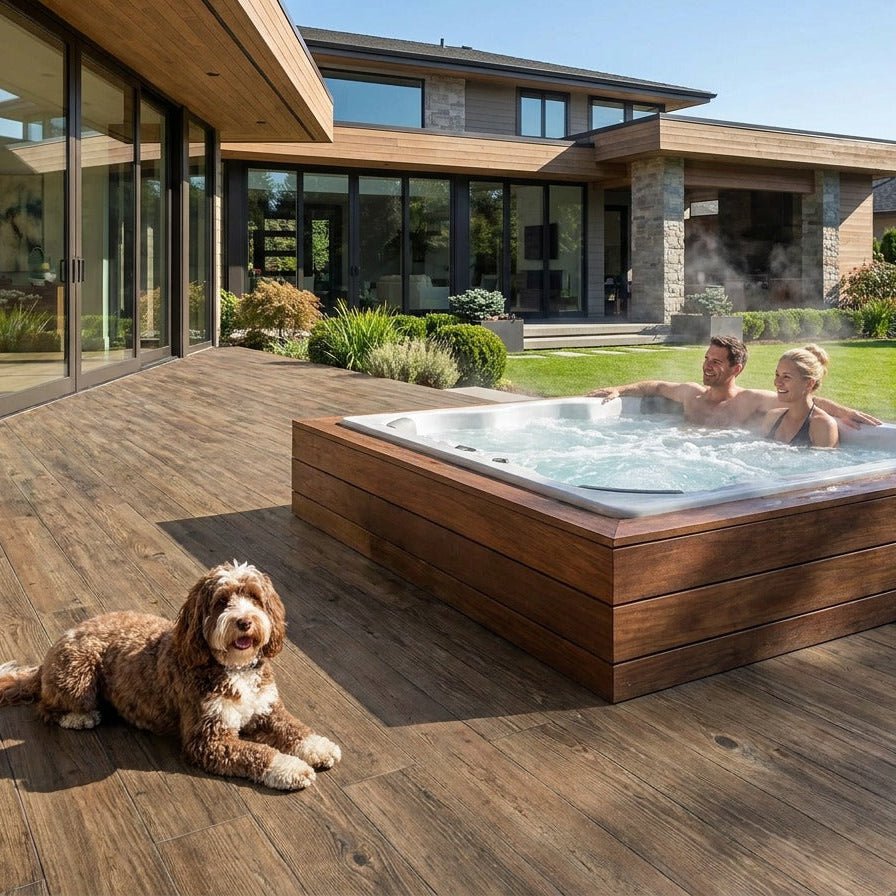 People in a hot tub on a wooden deck with a dog nearby, modern house in the background