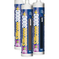 Three tubes of silicone sealant with 'Silicone 3000+' branding on a white background.